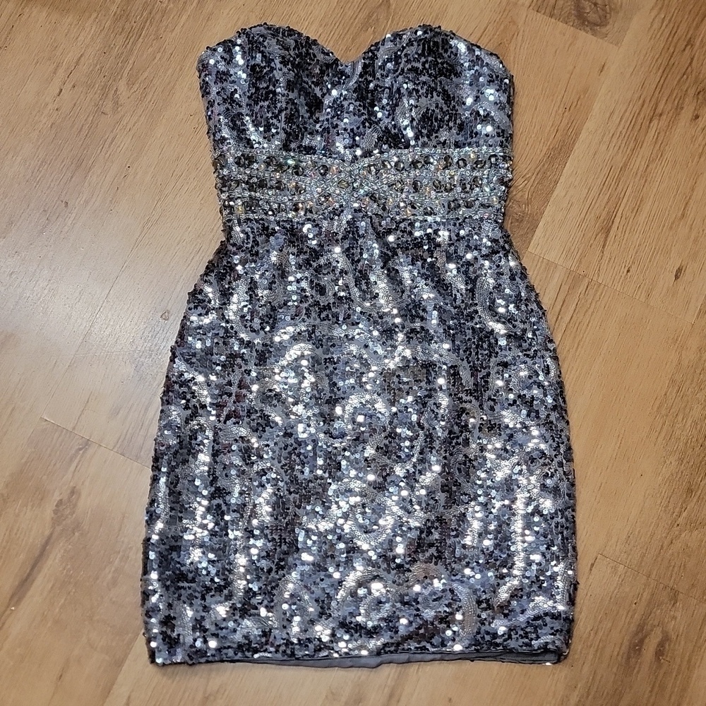 Sequin Rhinestone Mini Fitted Dress - Picture 2 of 12